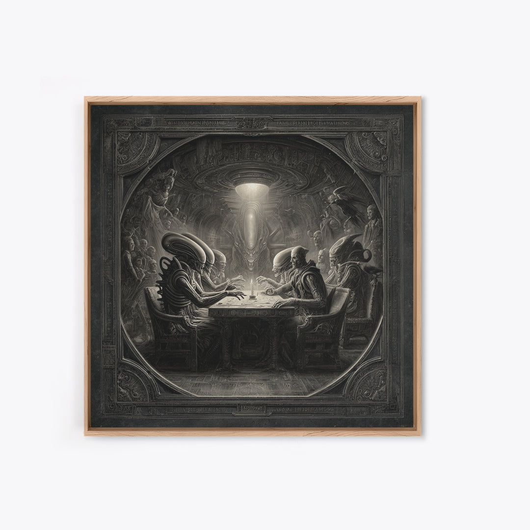 The Candlelit Seance, Biomechanical Horror Art, Square Wall Art, Macabre Wall Art, Framed Canvas Print, Halloween Wall Art