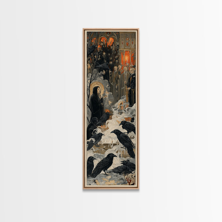 The Raven Funeral, Dark Renaissance Art, Tall Narrow Wall Art, Gothic Horror Wall Art, Canvas Print, Halloween Wall Art