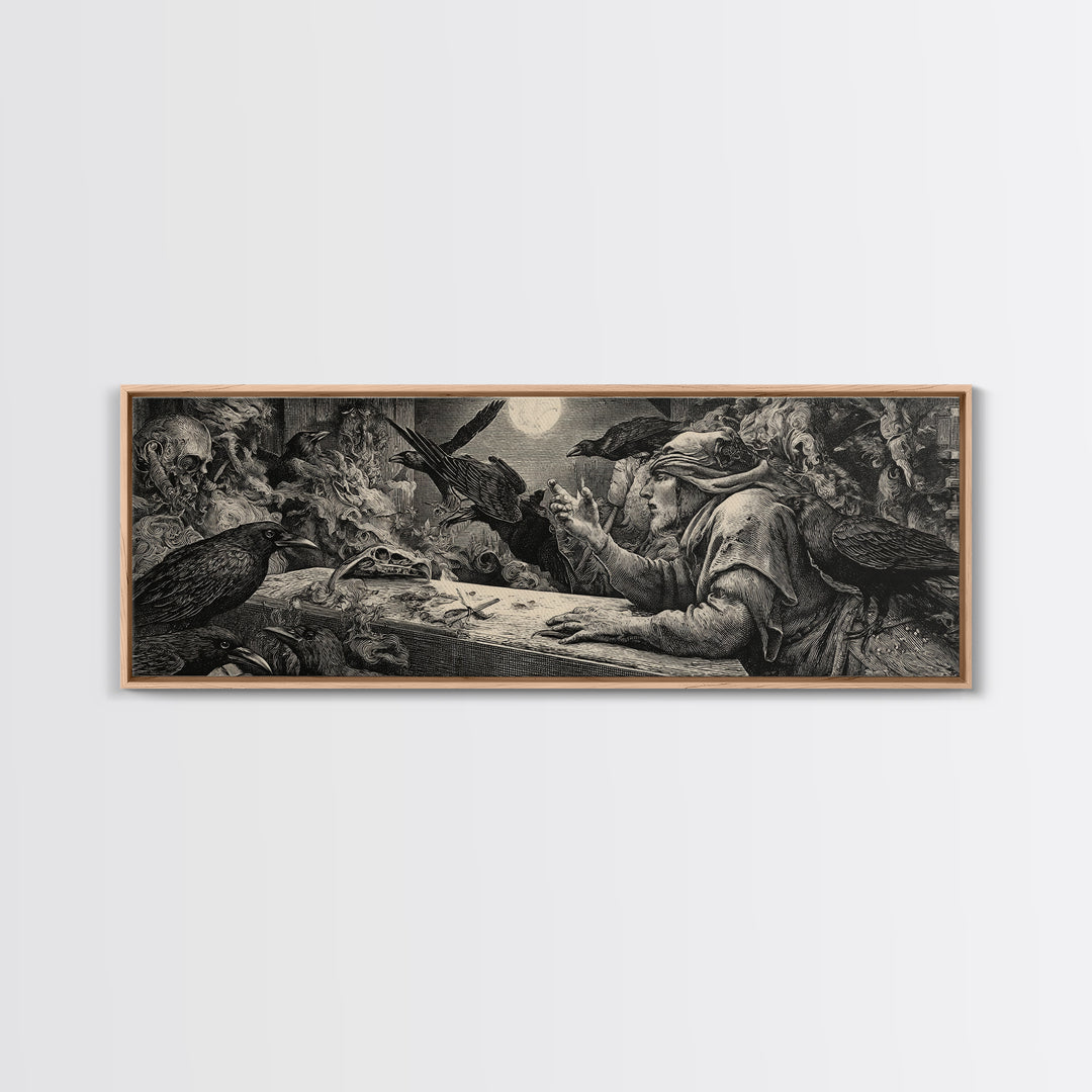The Raven Funeral, Renaissance Engraving Art, Extra Wide Wall Art, Dark Fantasy Wall Art, Framed Canvas Print, Halloween Wall Art