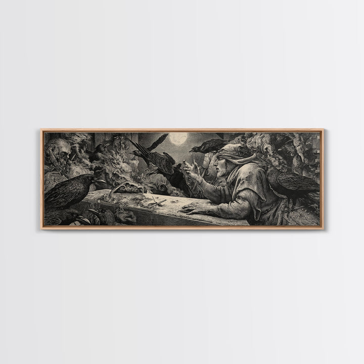 The Raven Funeral, Renaissance Engraving Art, Extra Wide Wall Art, Dark Fantasy Wall Art, Framed Canvas Print, Halloween Wall Art