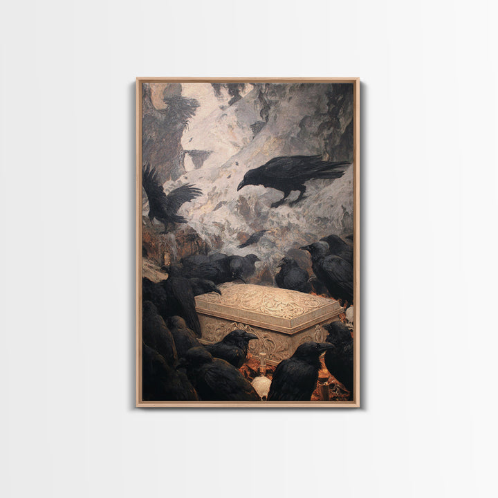 The Raven Funeral, Baroque Witchcraft Art, Vertical Wall Art, Macabre Wall Art, Framed Canvas Print, Halloween Wall Art