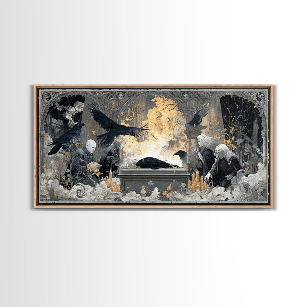 The Raven Funeral, Visionary Gothic Art, Wide Panoramic Art, Macabre Wall Art, Canvas Print, Halloween Wall Art