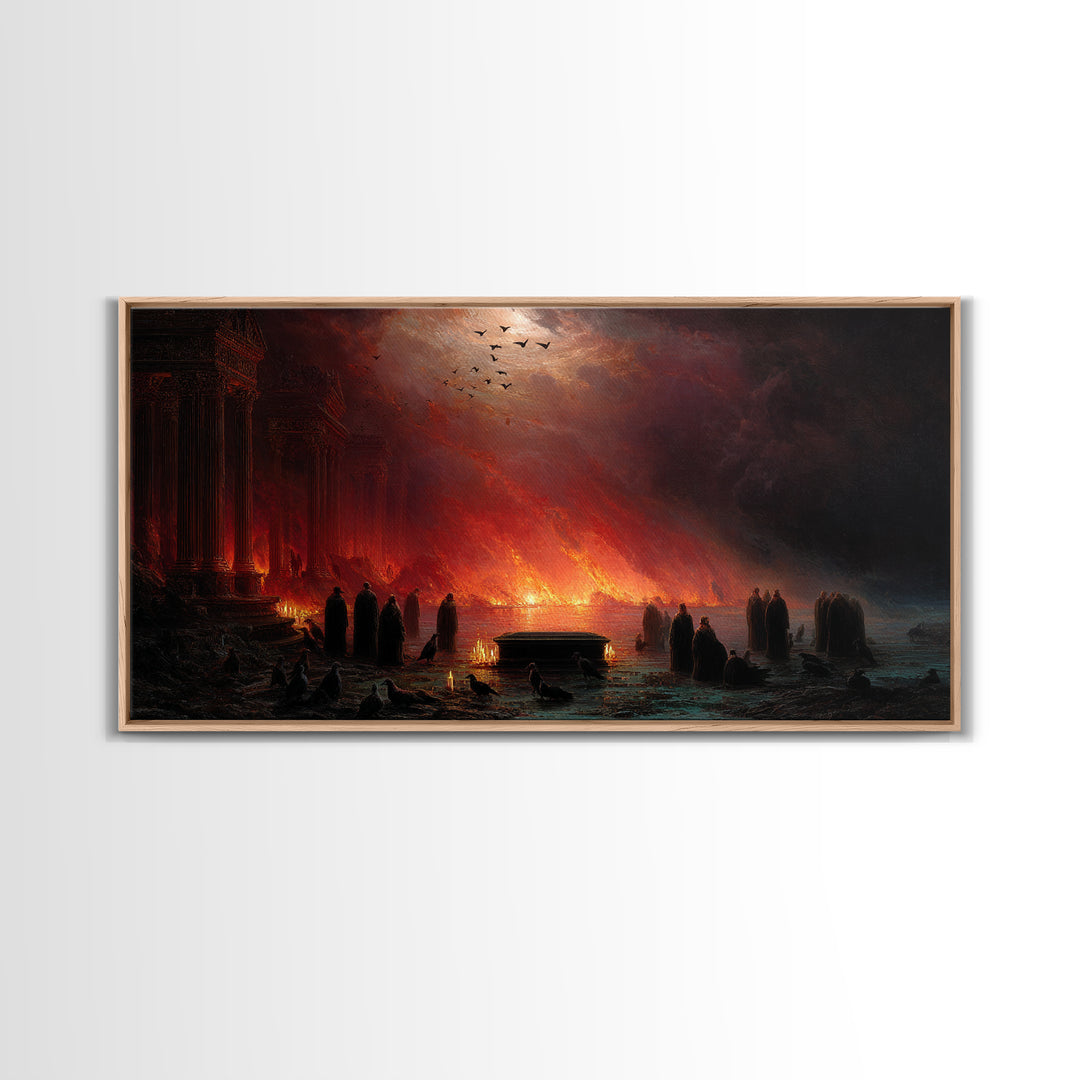 The Raven Funeral, Apocalyptic Romantic Art, Wide Panoramic Art, Macabre Wall Art, Framed Canvas Print, Halloween Wall Art