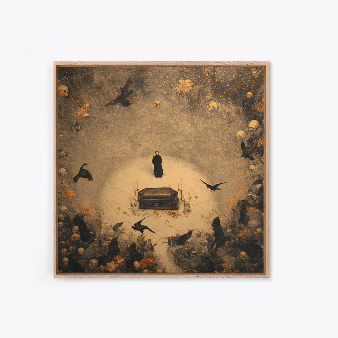 The Raven Funeral, Symbolist Dream Art, Square Wall Art, Gothic Horror Wall Art, Framed Canvas Print, Halloween Wall Art