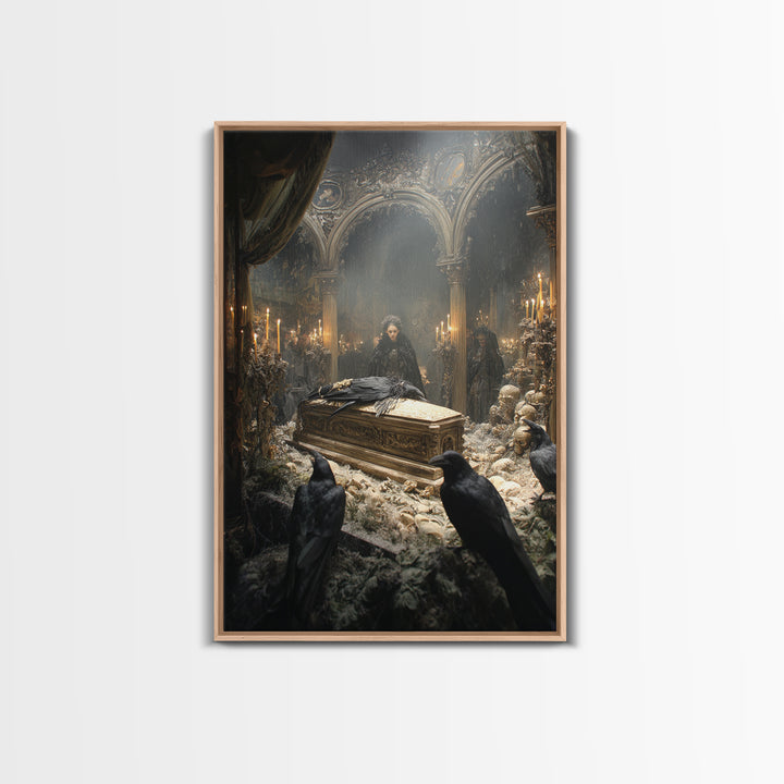 The Raven Funeral, Ornate Symbolist Art, Vertical Wall Art, Dark Halloween Decor, Framed Canvas Print, Halloween Wall Art