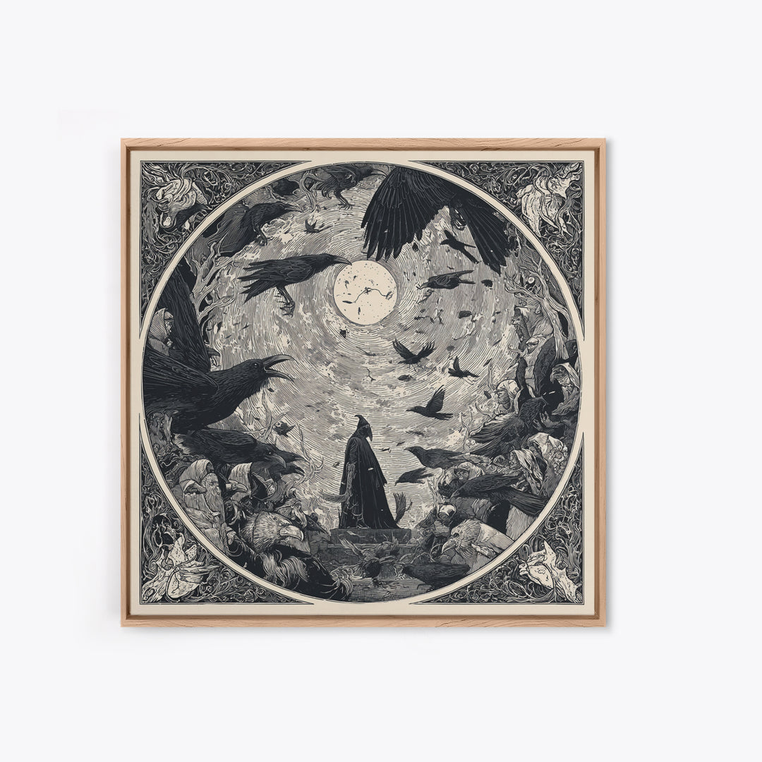 The Raven Funeral, Symbolist Etching Art, Square Wall Art, Dark Halloween Decor, Framed Canvas Print, Halloween Wall Art
