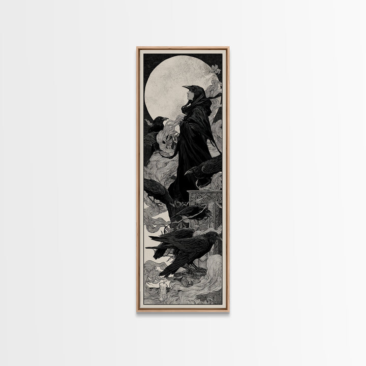 The Raven Funeral, Decadent Line Art, Tall Narrow Wall Art, Macabre Wall Art, Canvas Print, Halloween Wall Art