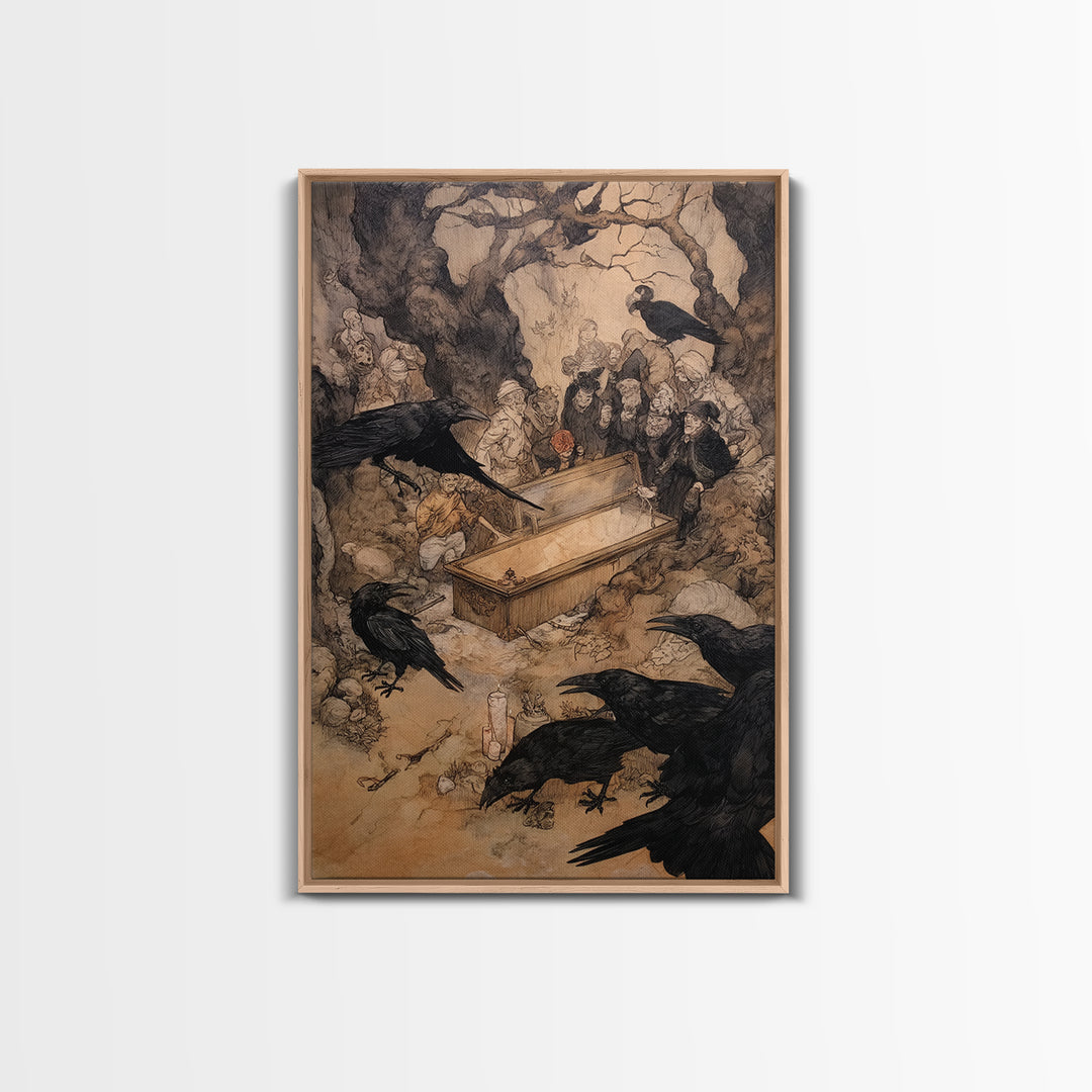 The Raven Funeral, Gothic Storybook Art, Vertical Wall Art, Macabre Wall Art, Canvas Print, Halloween Wall Art, Statement Wall Art