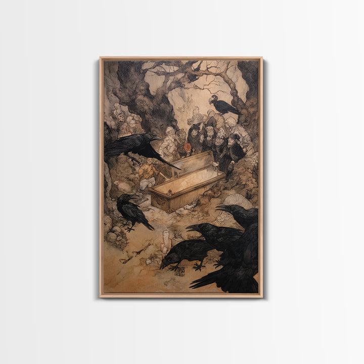 The Raven Funeral, Gothic Storybook Art, Vertical Wall Art, Macabre Wall Art, Canvas Print, Halloween Wall Art, Statement Wall Art