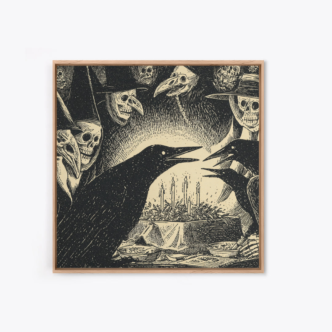 The Raven Funeral, Macabre Folk Print Art, Square Wall Art, Macabre Wall Art, Framed Canvas Print, Halloween Wall Art