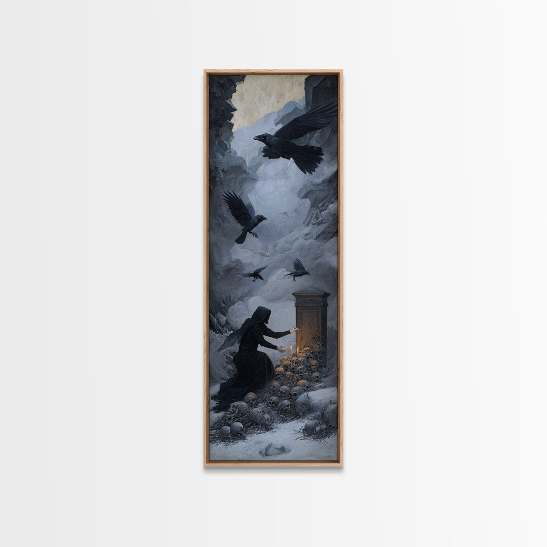 The Raven Funeral, Surreal Apocalyptic Art, Tall Narrow Wall Art, Dark Fantasy Wall Art, Framed Canvas Print, Halloween Wall Art