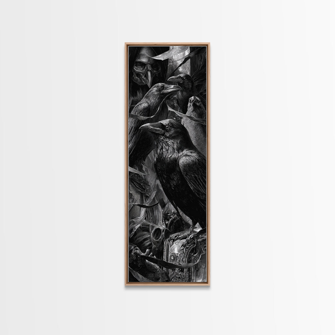 The Raven Funeral, Biomechanical Horror Art, Tall Narrow Wall Art, Macabre Wall Art, Framed Canvas Print, Halloween Wall Art