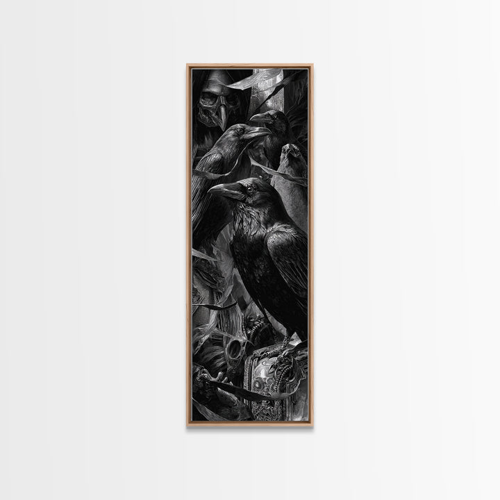 The Raven Funeral, Biomechanical Horror Art, Tall Narrow Wall Art, Macabre Wall Art, Framed Canvas Print, Halloween Wall Art