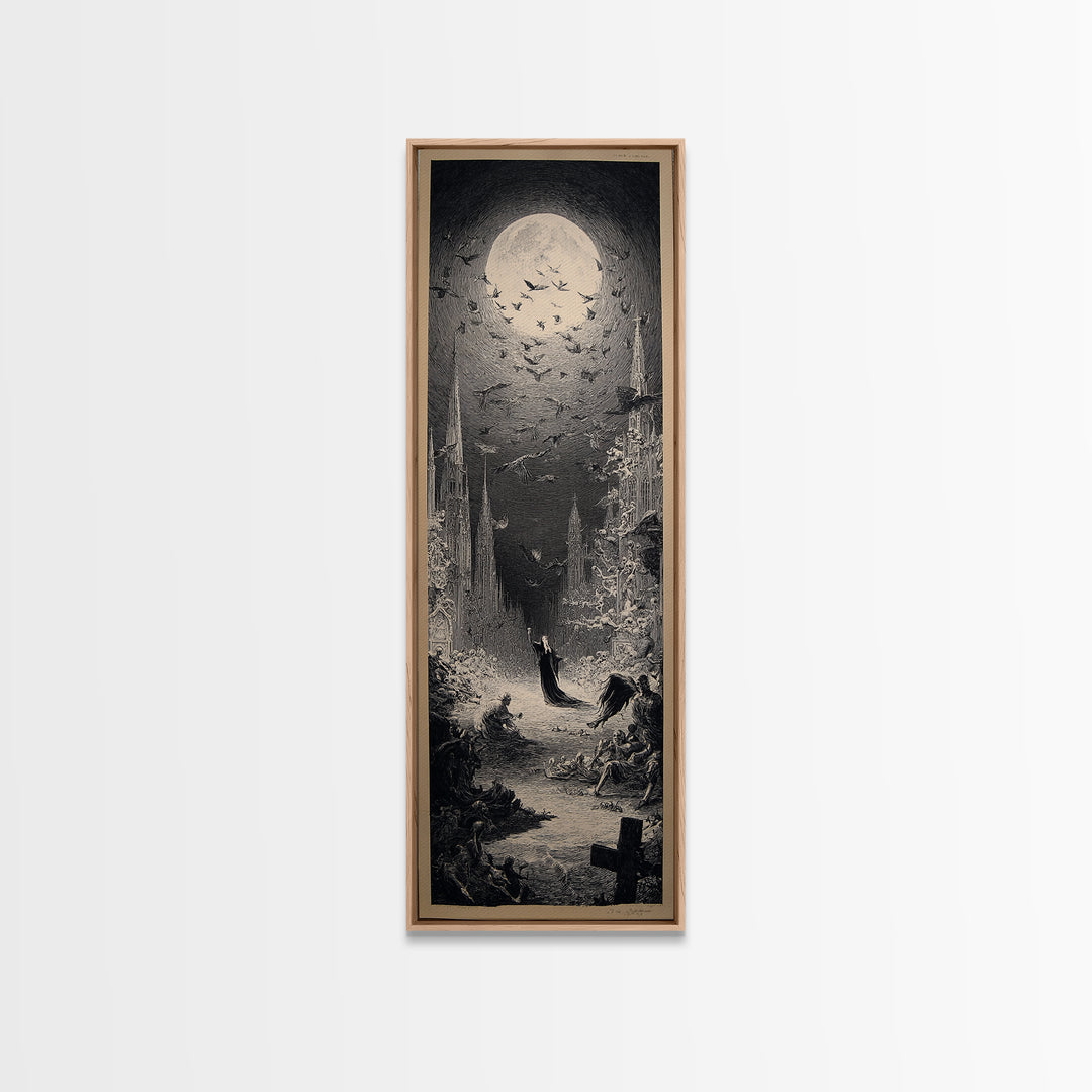 The Graveyard Dance, Gothic Engraving Art, Tall Narrow Wall Art, Dark Halloween Decor, Canvas Print, Halloween Wall Art