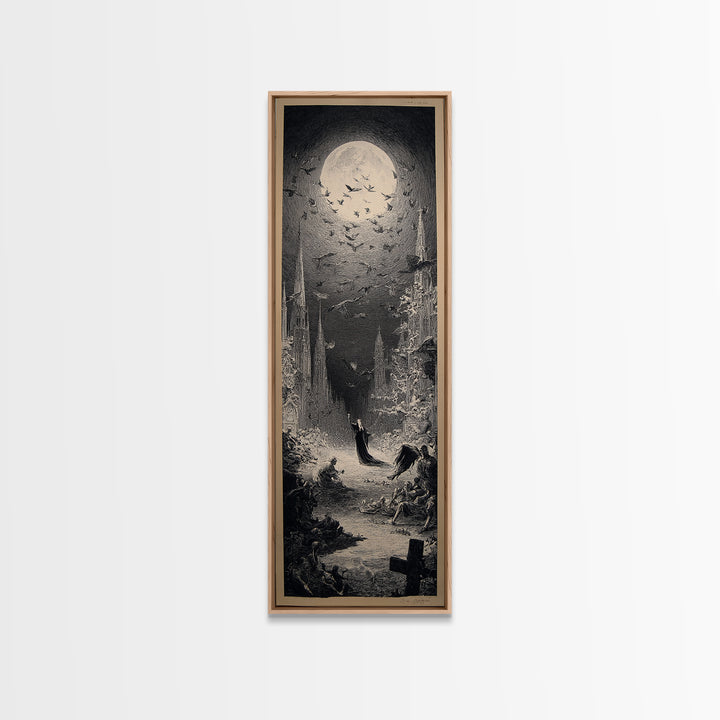 The Graveyard Dance, Gothic Engraving Art, Tall Narrow Wall Art, Dark Halloween Decor, Canvas Print, Halloween Wall Art
