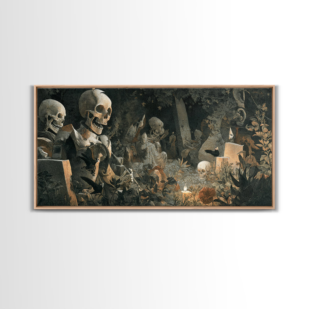 The Graveyard Dance, Medieval Grotesque Art, Wide Panoramic Art, Gothic Horror Wall Art, Framed Canvas Print, Halloween Wall Art