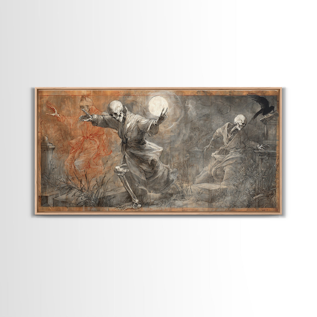 The Graveyard Dance, Dark Renaissance Art, Wide Panoramic Art, Macabre Wall Art, Framed Canvas Print, Halloween Wall Art