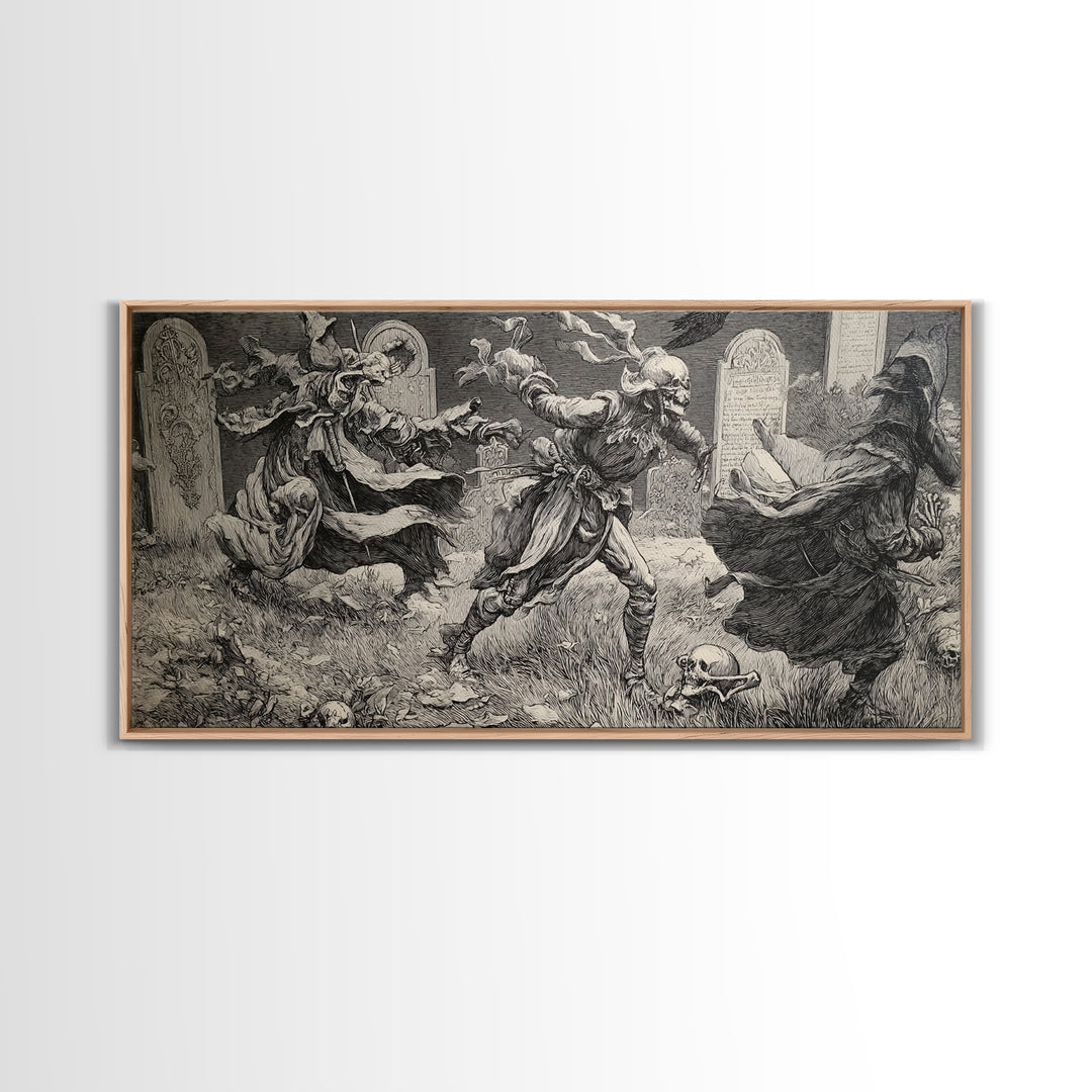 The Graveyard Dance, Renaissance Engraving Art, Wide Panoramic Art, Gothic Horror Wall Art, Canvas Print, Halloween Wall Art