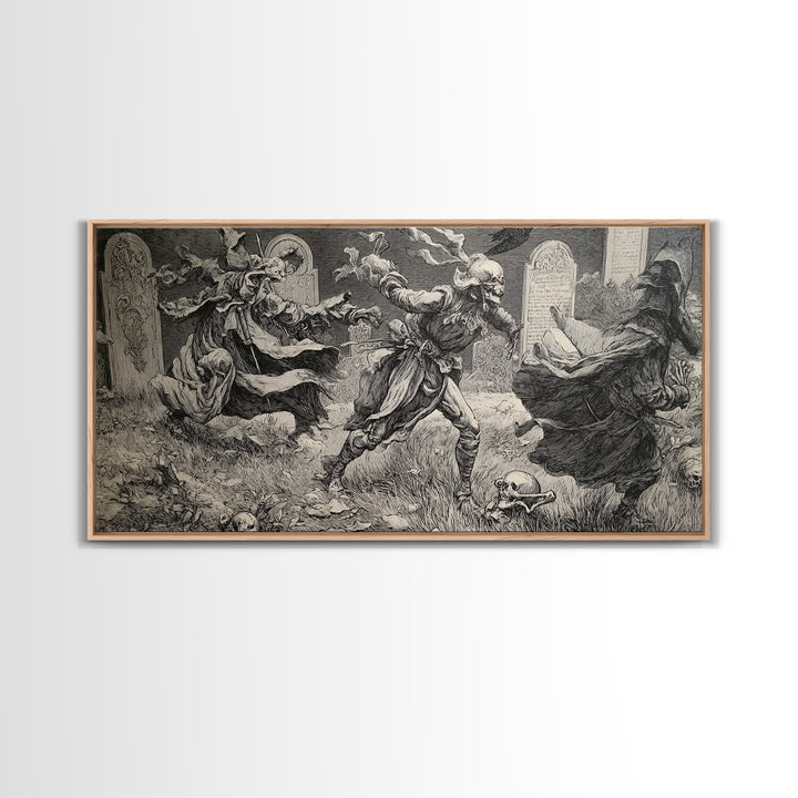 The Graveyard Dance, Renaissance Engraving Art, Wide Panoramic Art, Gothic Horror Wall Art, Canvas Print, Halloween Wall Art