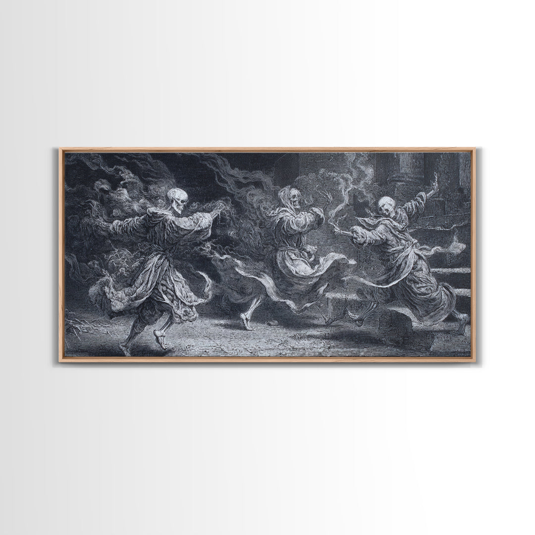 The Graveyard Dance, Architectural Etching Art, Wide Panoramic Art, Gothic Horror Wall Art, Framed Canvas Print