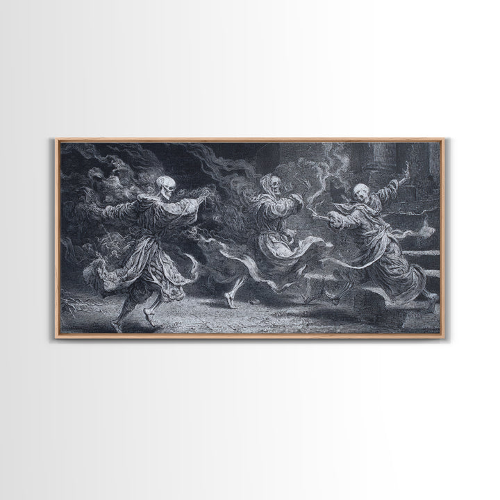 The Graveyard Dance, Architectural Etching Art, Wide Panoramic Art, Gothic Horror Wall Art, Framed Canvas Print