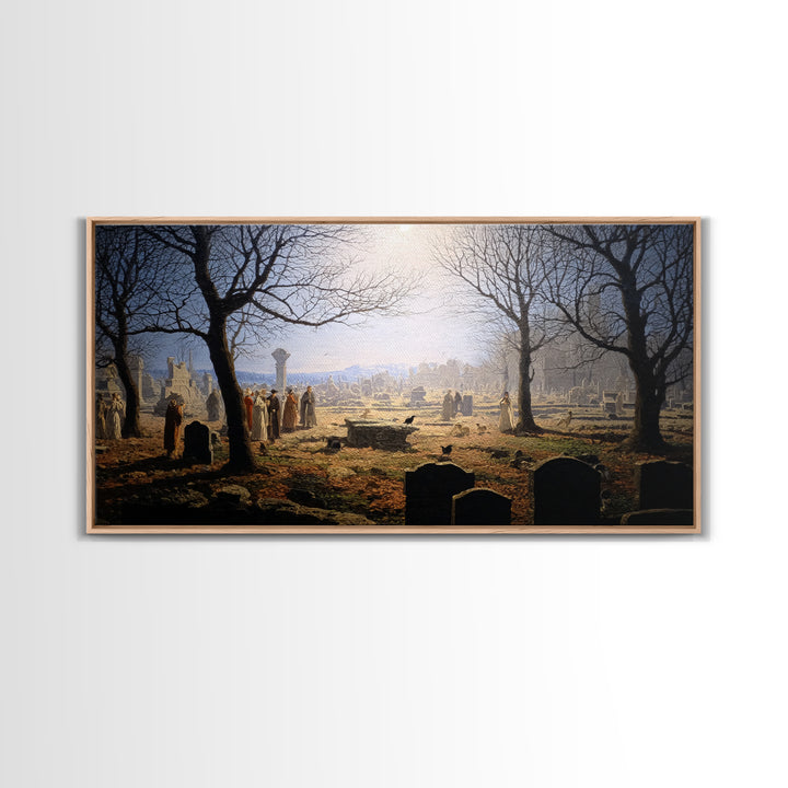 The Graveyard Dance, Romantic Gothic Landscape, Wide Panoramic Art, Dark Fantasy Wall Art, Canvas Print, Halloween Wall Art