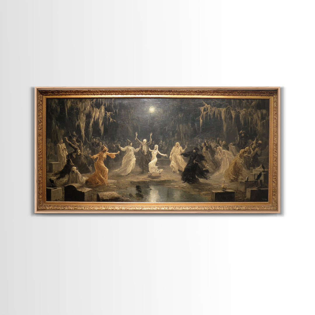 The Graveyard Dance, Symbolist Gothic Landscape, Wide Panoramic Art, Macabre Wall Art, Framed Canvas Print, Halloween Wall Art