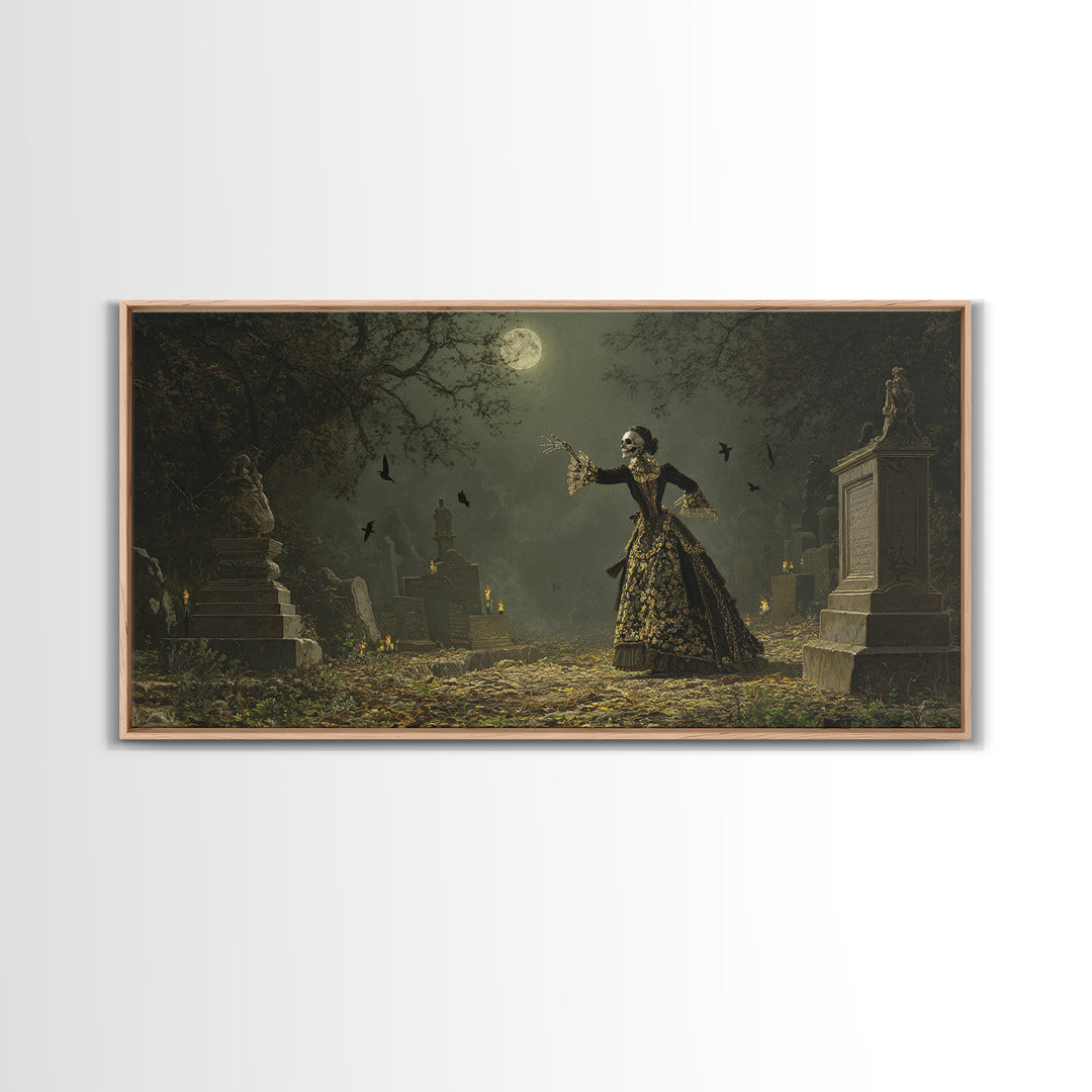 The Graveyard Dance, Ornate Symbolist Art, Wide Panoramic Art, Dark Fantasy Wall Art, Canvas Print, Halloween Wall Art