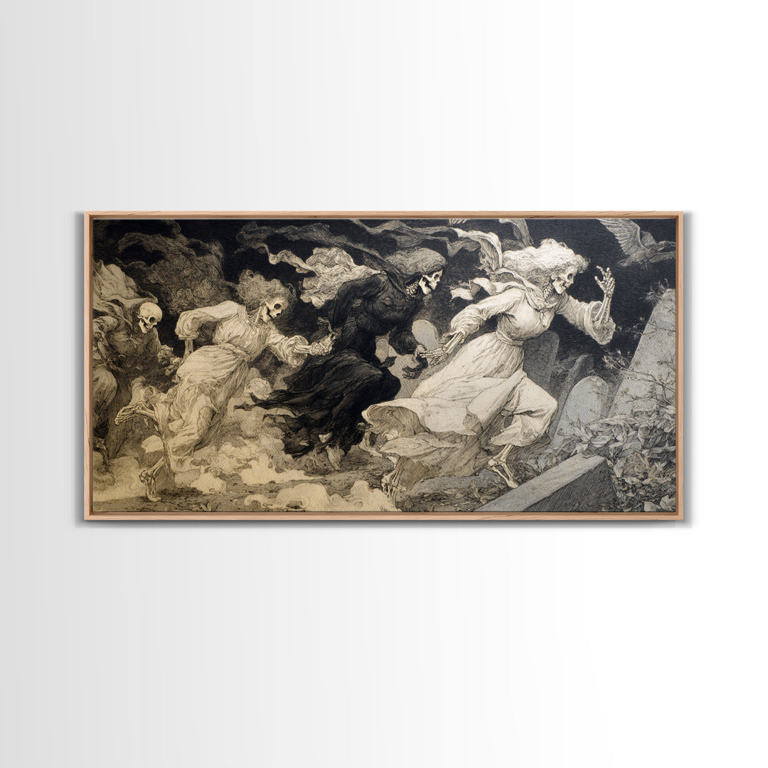 The Graveyard Dance, Decadent Gothic Art, Wide Panoramic Art, Macabre Wall Art, Canvas Print, Halloween Wall Art