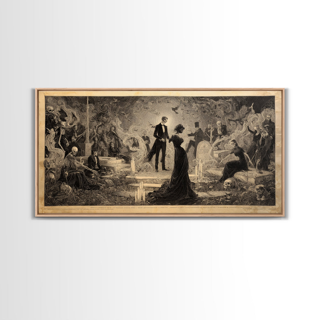 The Graveyard Dance, Dark Symbolist Art, Wide Panoramic Art, Dark Halloween Decor, Framed Canvas Print, Halloween Wall Art