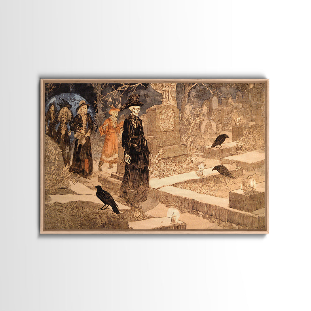The Graveyard Dance, Symbolist Etching Art, Landscape Wall Art, Gothic Horror Wall Art, Framed Canvas Print, Halloween Wall Art