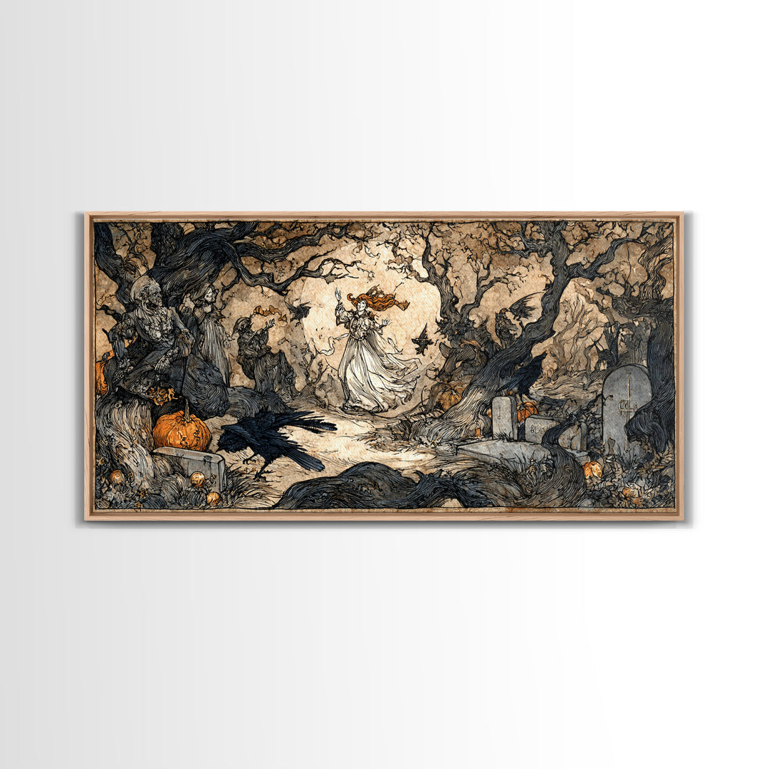 The Graveyard Dance, Gothic Storybook Art, Wide Panoramic Art, Dark Halloween Decor, Canvas Print, Halloween Wall Art