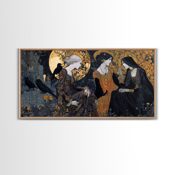 The Graveyard Dance, Stained Glass Gothic Art, Wide Panoramic Art, Dark Halloween Decor, Framed Canvas Print, Halloween Wall Art