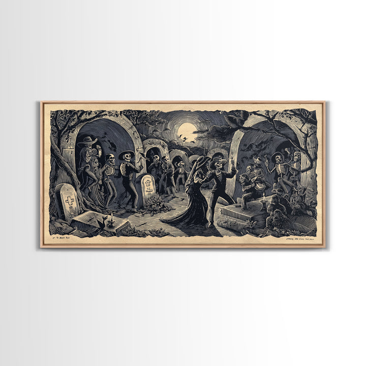 The Graveyard Dance, Macabre Folk Print Art, Wide Panoramic Art, Macabre Wall Art, Canvas Print, Halloween Wall Art