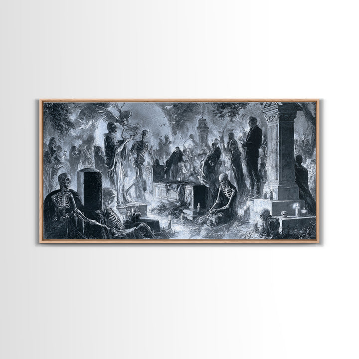 The Graveyard Dance, Biomechanical Horror Art, Wide Panoramic Art, Macabre Wall Art, Framed Canvas Print, Halloween Wall Art