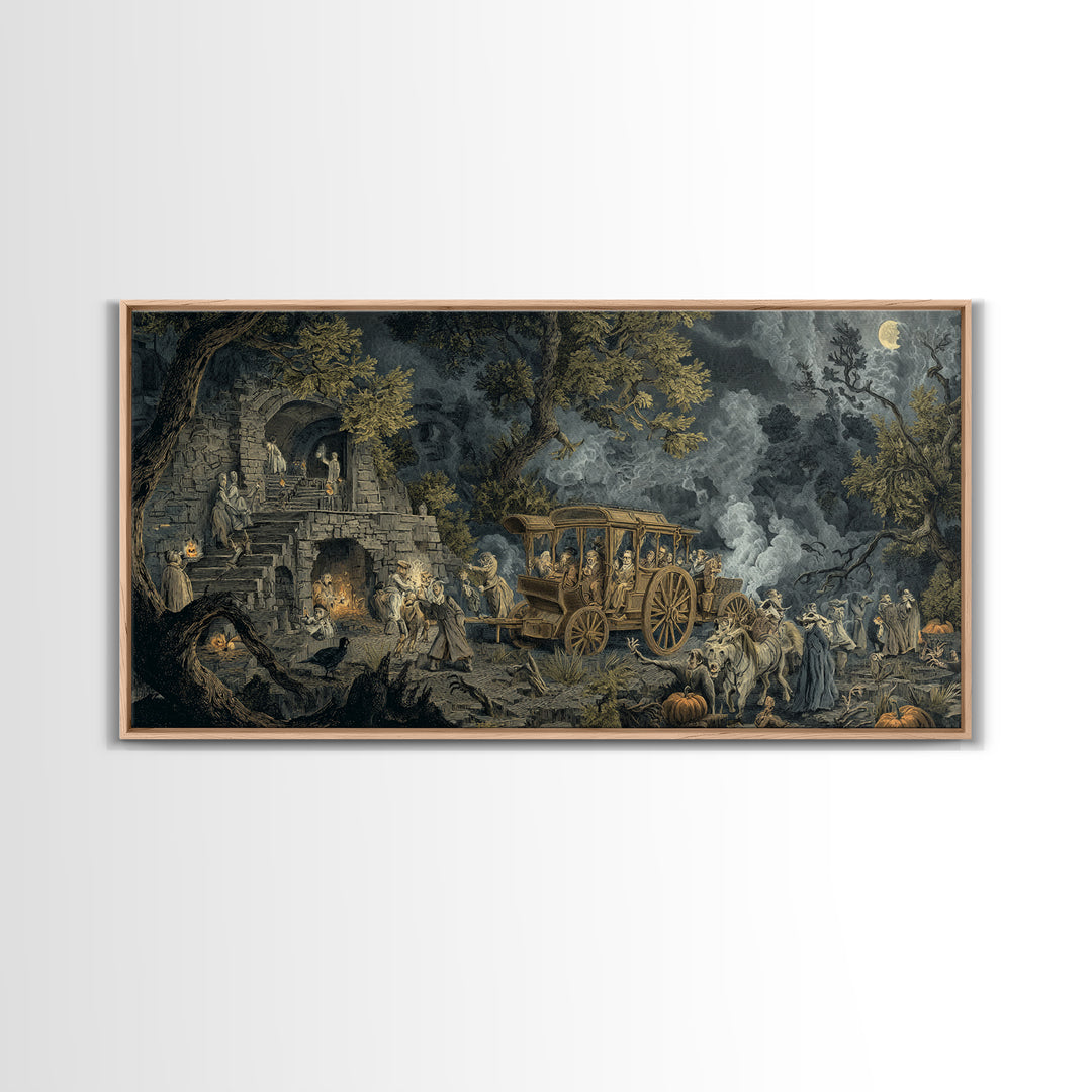 The Haunted Hayride, Architectural Etching Art, Wide Panoramic Art, Dark Fantasy Wall Art, Framed Canvas Print