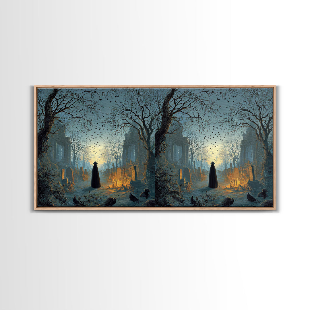 The Haunted Hayride, Romantic Gothic Landscape, Wide Panoramic Art, Dark Fantasy Wall Art, Framed Canvas Print, Halloween Wall Art