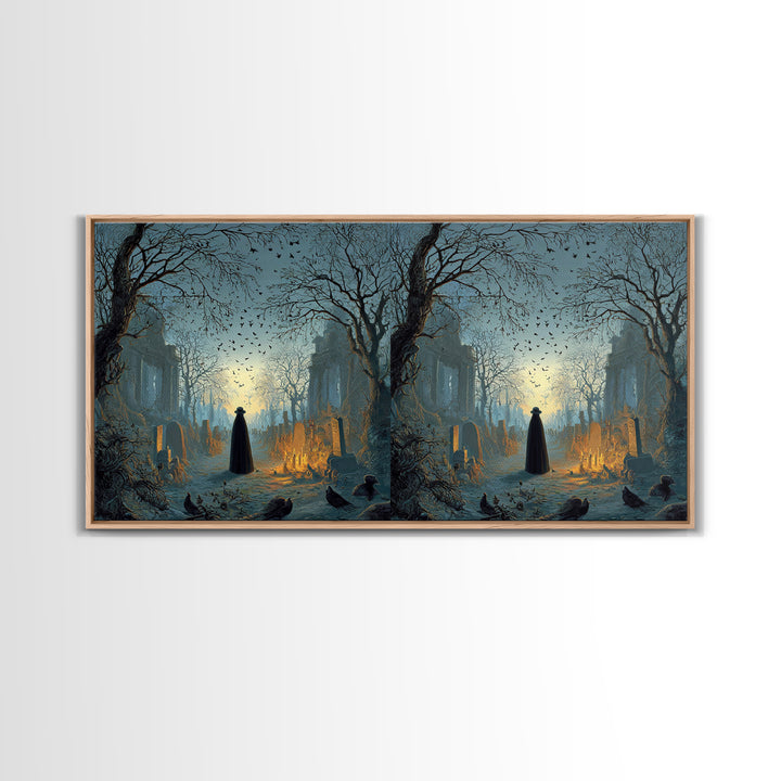 The Haunted Hayride, Romantic Gothic Landscape, Wide Panoramic Art, Dark Fantasy Wall Art, Framed Canvas Print, Halloween Wall Art