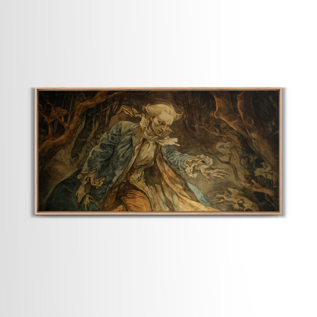 The Haunted Hayride, Ornate Symbolist Art, Wide Panoramic Art, Gothic Horror Wall Art, Framed Canvas Print, Halloween Wall Art