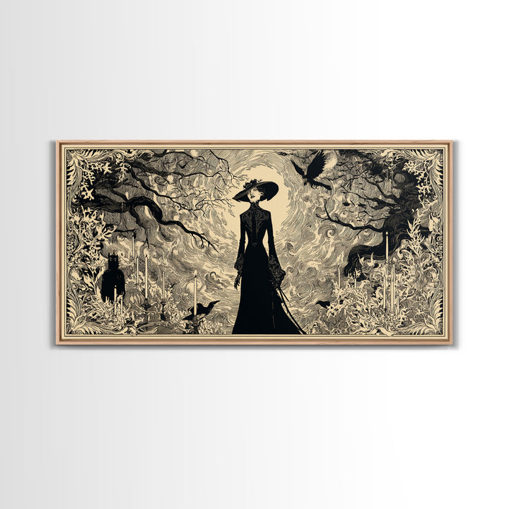 The Haunted Hayride, Decadent Line Art, Wide Panoramic Art, Dark Fantasy Wall Art, Canvas Print, Halloween Wall Art