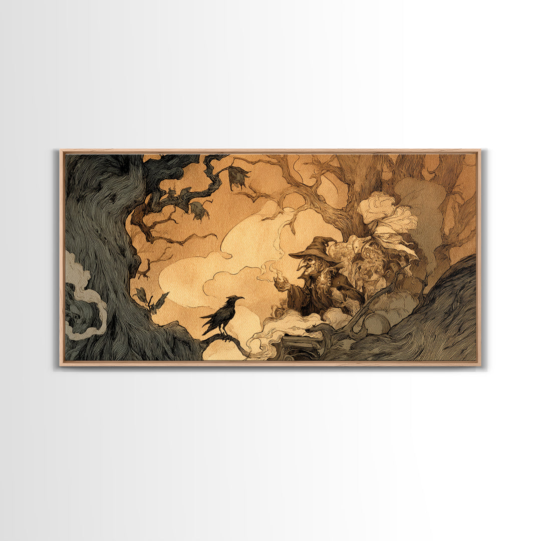The Haunted Hayride, Gothic Storybook Art, Wide Panoramic Art, Dark Halloween Decor, Framed Canvas Print, Halloween Wall Art