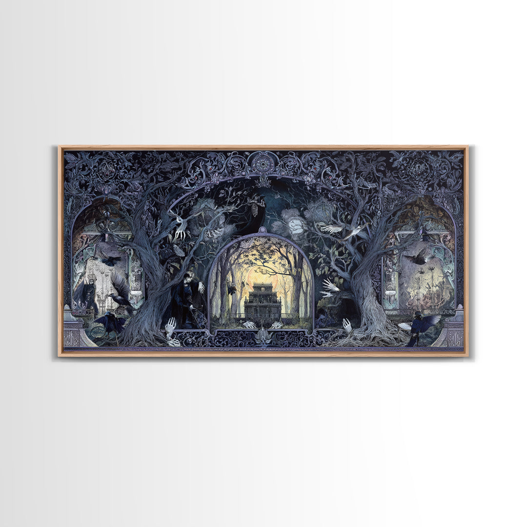The Haunted Hayride, Stained Glass Gothic Art, Wide Panoramic Art, Gothic Horror Wall Art, Framed Canvas Print, Halloween Wall Art