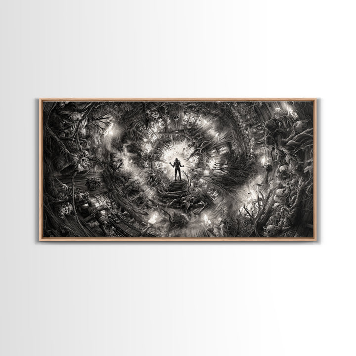 The Haunted Hayride, Biomechanical Horror Art, Wide Panoramic Art, Macabre Wall Art, Framed Canvas Print, Halloween Wall Art