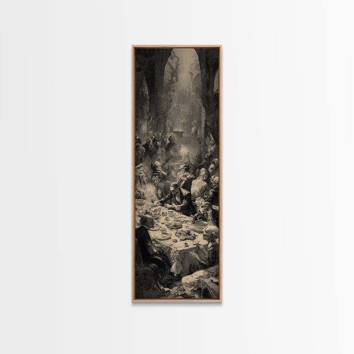 The Zombie Picnic, Gothic Engraving Art, Tall Narrow Wall Art, Dark Halloween Decor, Canvas Print, Halloween Wall Art
