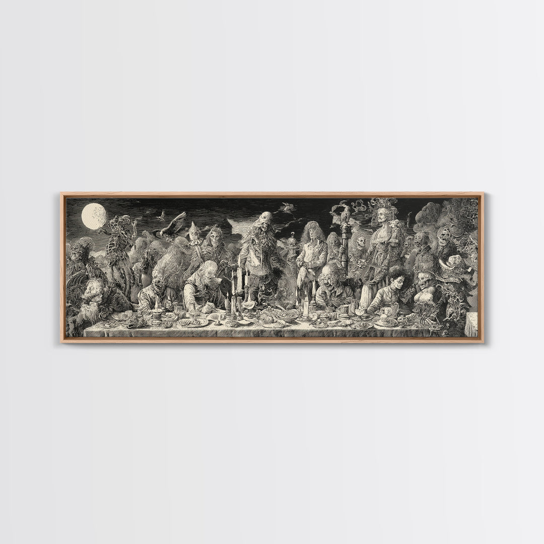 The Zombie Picnic, Renaissance Engraving Art, Extra Wide Wall Art, Dark Halloween Decor, Framed Canvas Print, Halloween Wall Art