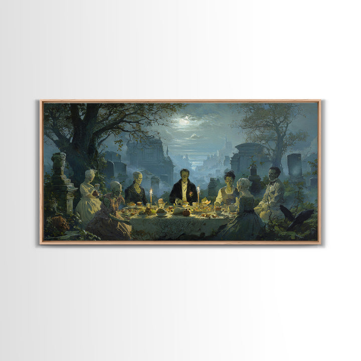 The Zombie Picnic, Romantic Gothic Landscape, Wide Panoramic Art, Dark Halloween Decor, Canvas Print, Halloween Wall Art