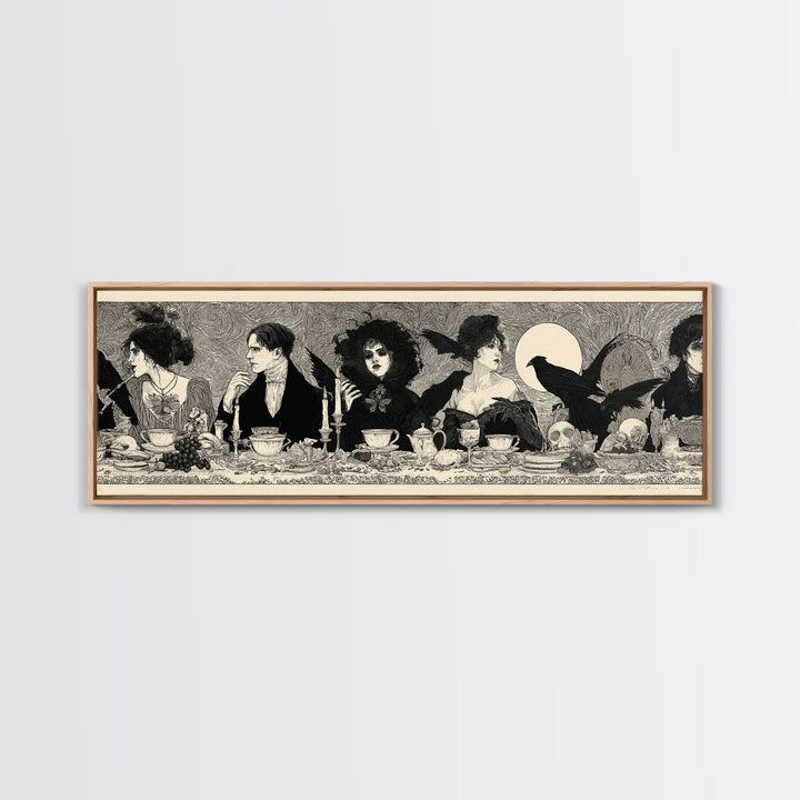 The Zombie Picnic, Decadent Line Art, Extra Wide Wall Art, Dark Halloween Decor, Framed Canvas Print, Halloween Wall Art