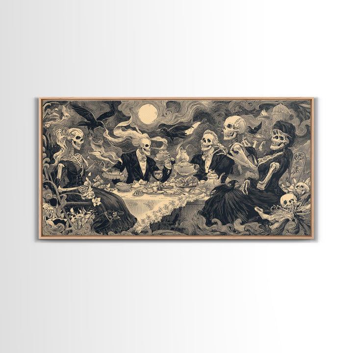 The Zombie Picnic, Macabre Folk Print Art, Wide Panoramic Art, Macabre Wall Art, Framed Canvas Print, Halloween Wall Art