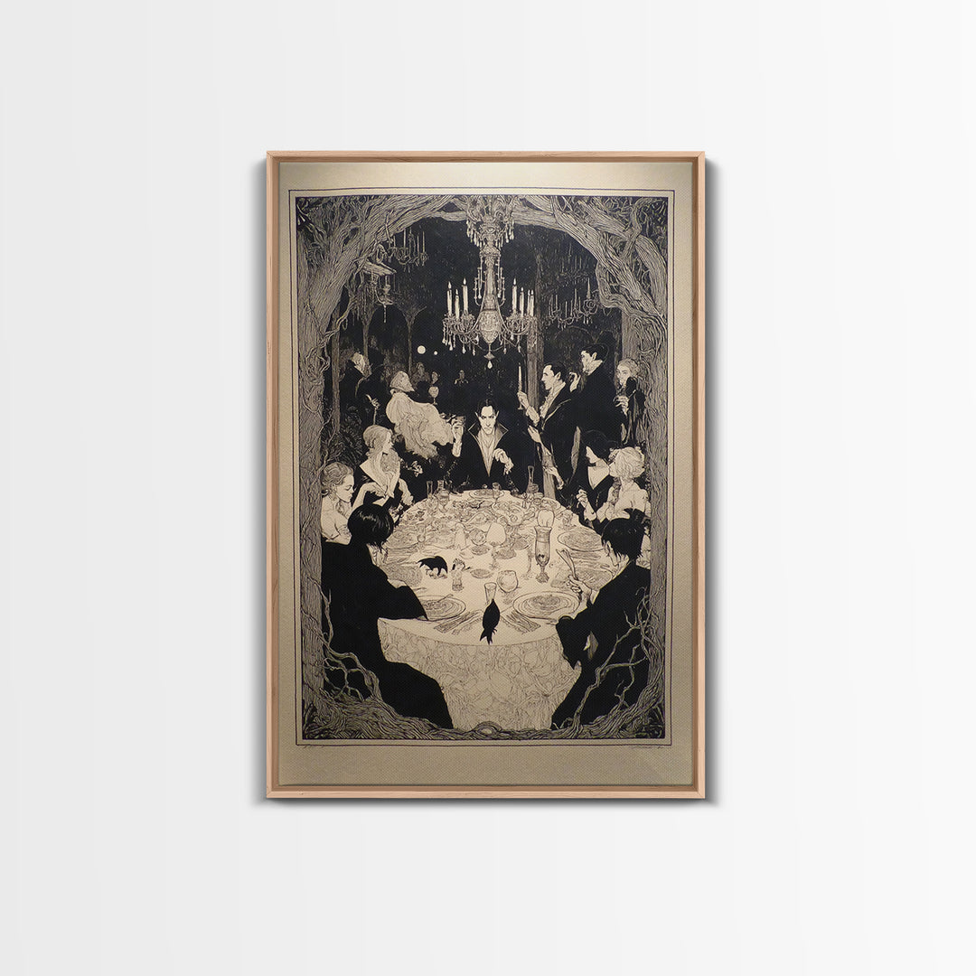 The Vampire Banquet, Decadent Line Art, Vertical Wall Art, Gothic Horror Wall Art, Framed Canvas Print, Halloween Wall Art