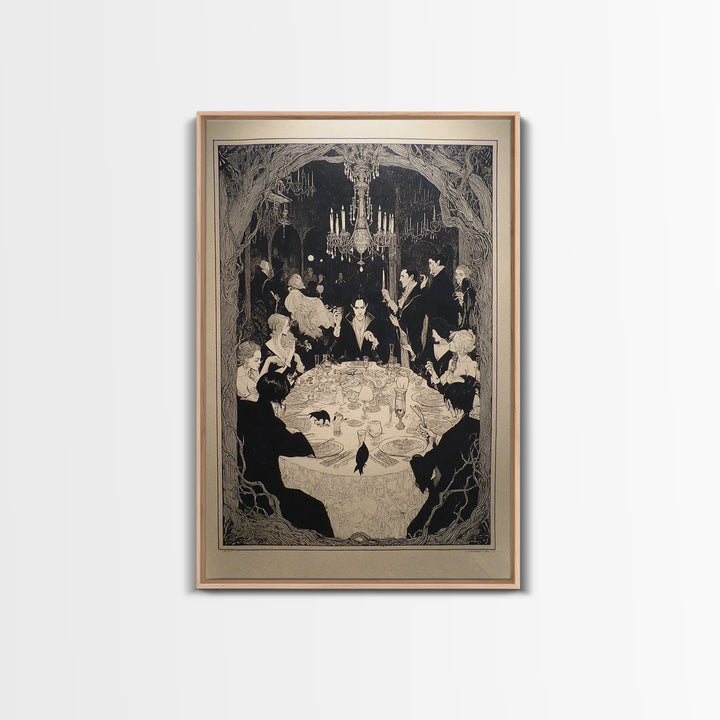 The Vampire Banquet, Decadent Line Art, Vertical Wall Art, Gothic Horror Wall Art, Framed Canvas Print, Halloween Wall Art